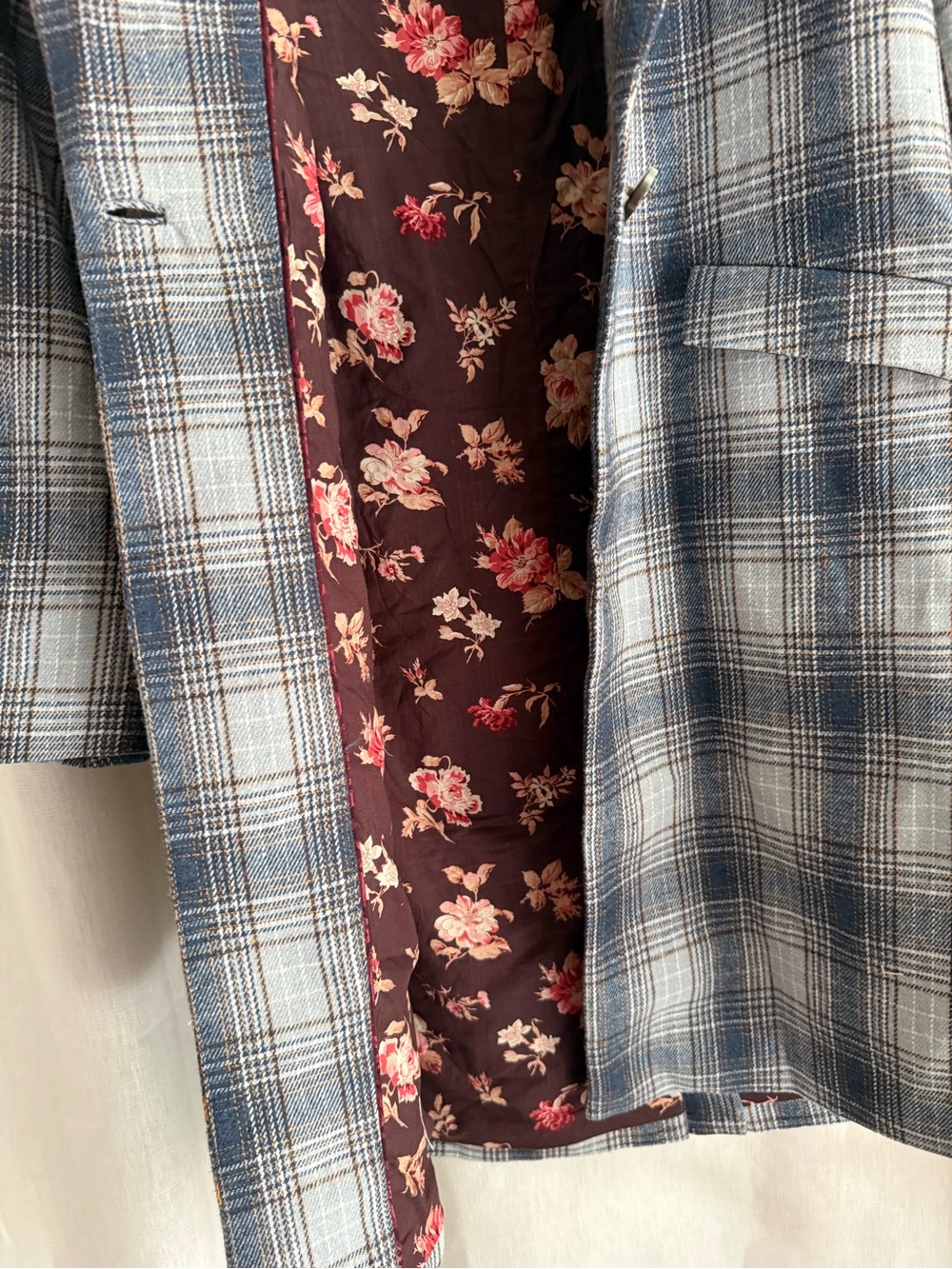 NWOT Sundance Plaid Wool Blend Blazer Coat S Longline Floral Lined Blue Jacket - Picture 4 of 12